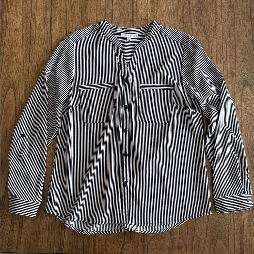 Notations Black and White Vertical Stripe Button Blouse
